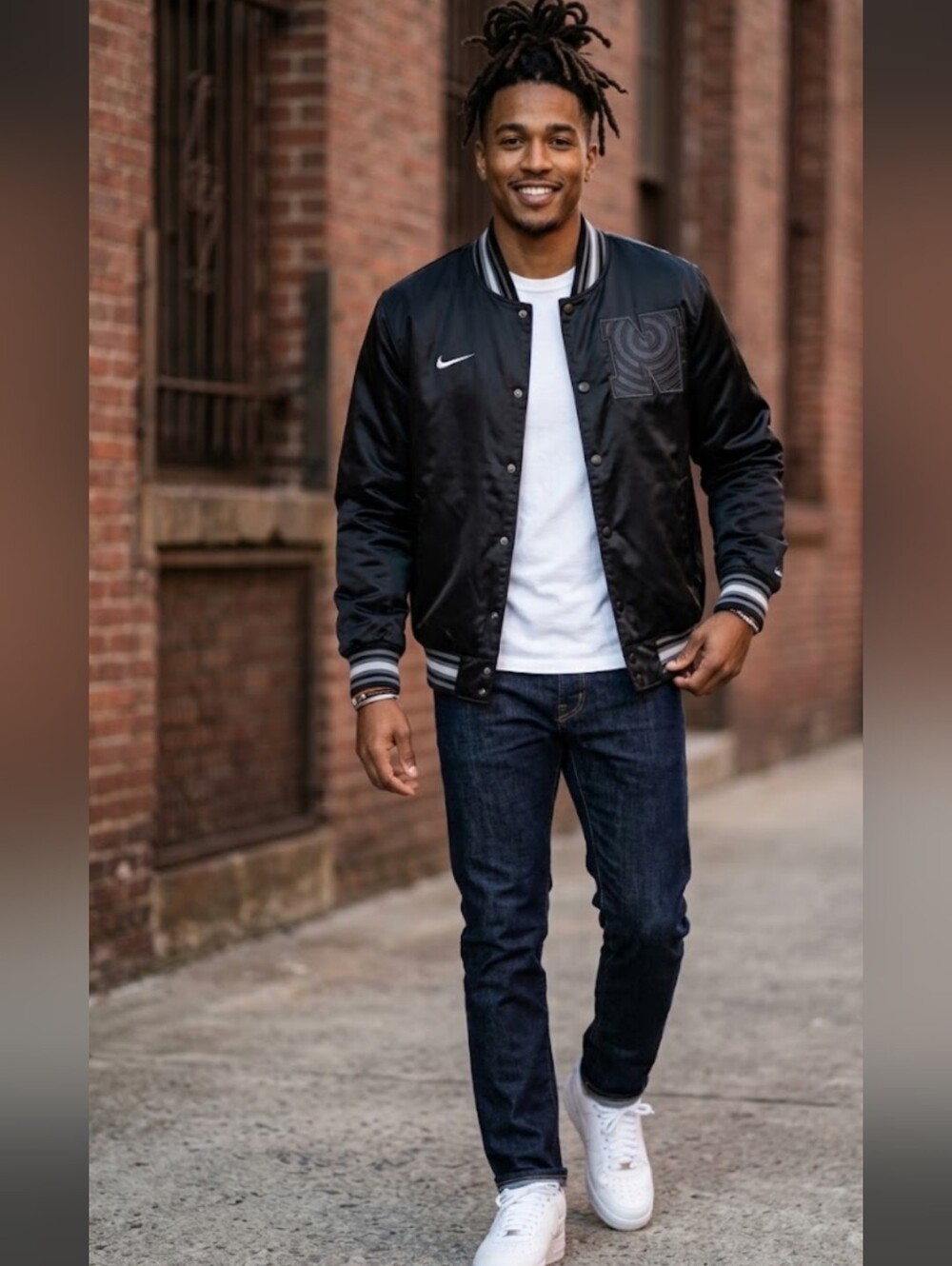Nike Black Satin-Style Varsity Bomber Jacket